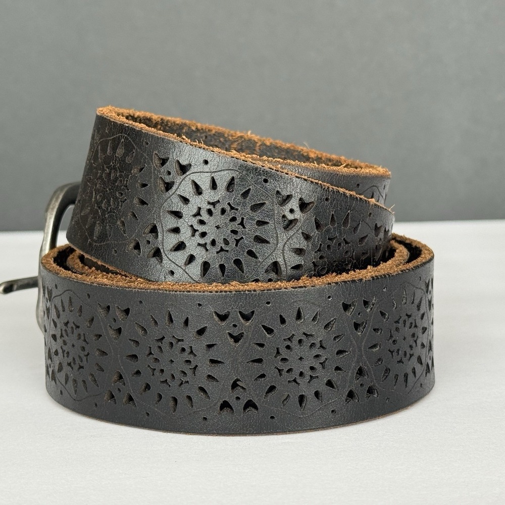 Lucky Brand Black Leather Laser Cut Floral Cutout Belt Boho Western Women's Sz L - Picture 4 of 9